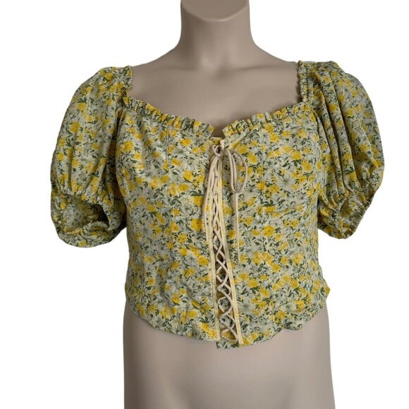 ASTR Womens Floral Smocked Top Medium Yellow Puff Sleeve Cropped Boning NWT - Picture 12 of 12